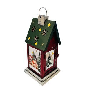 Hand Painted Metal Christmas House Candle Lantern Hanging Decor 10"H